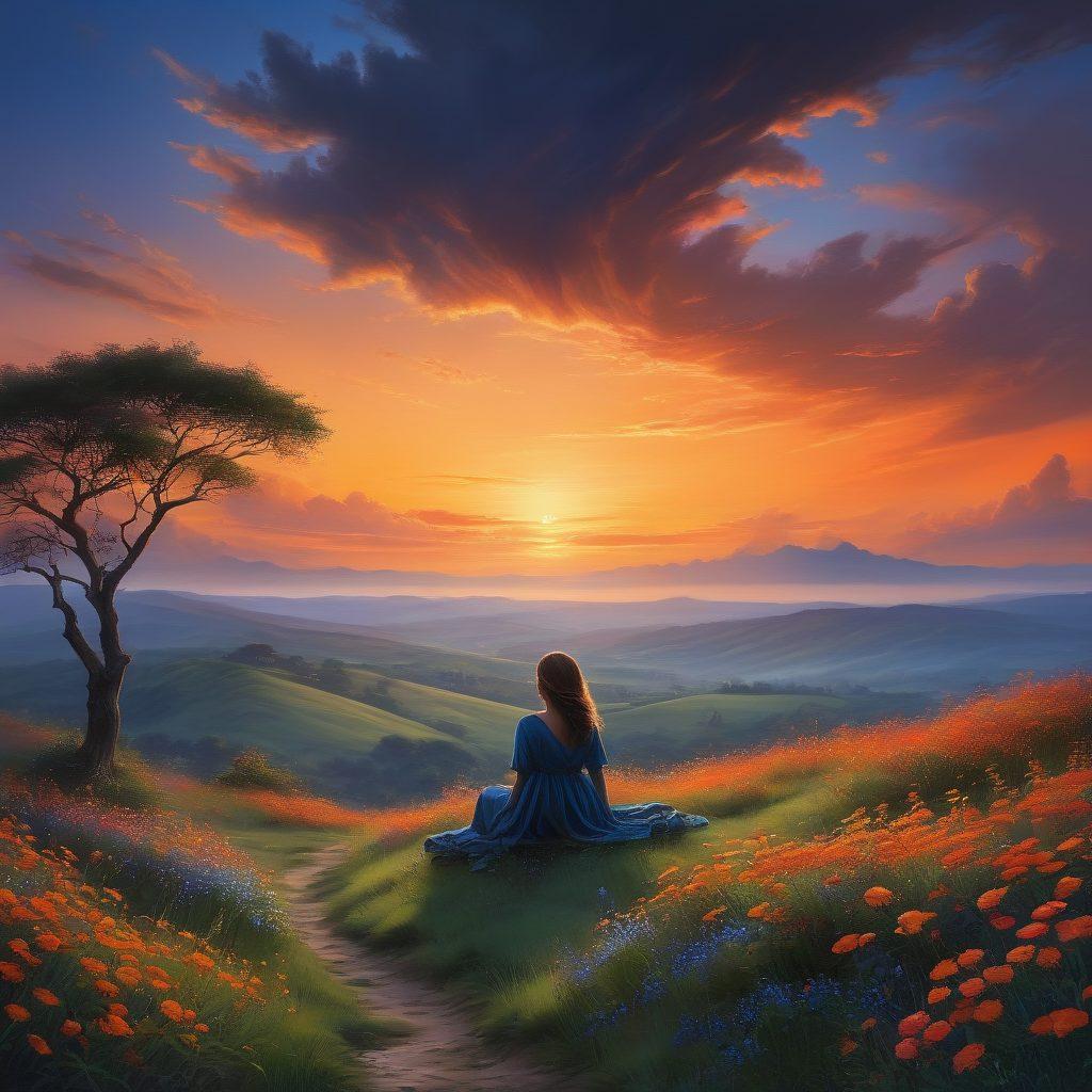 A serene landscape at dusk, featuring a lone figure sitting on a hill, gazing at a vibrant sunset while surrounded by soft, melancholic clouds. In the foreground, delicate flowers bloom, symbolizing hope amidst sadness. The sky transitions from deep blues to warm oranges, reflecting a spectrum of emotions. A gentle breeze rustles the figure's hair, conveying tranquility. ethereal, super-realistic, vibrant colors.