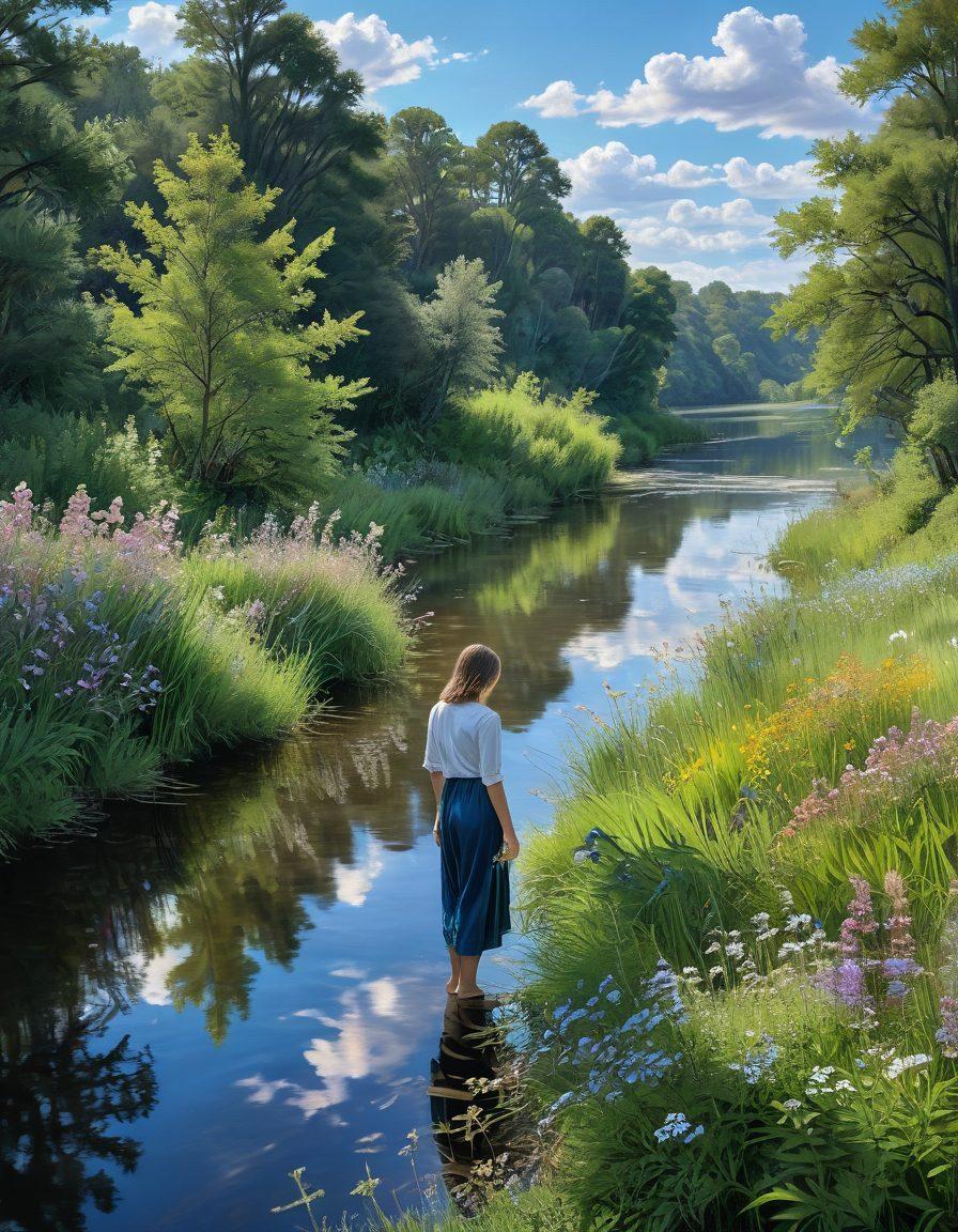 A serene landscape featuring a soft blue sky with wispy clouds, reflecting the beauty of vulnerability. In the foreground, delicate wildflowers bloom, symbolizing resilience, while a winding river flows gently through the scene, embodying emotional depth. A figure stands quietly by the water's edge, contemplating with a peaceful expression, surrounded by lush greenery. super-realistic. soft pastel colors. tranquil atmosphere.