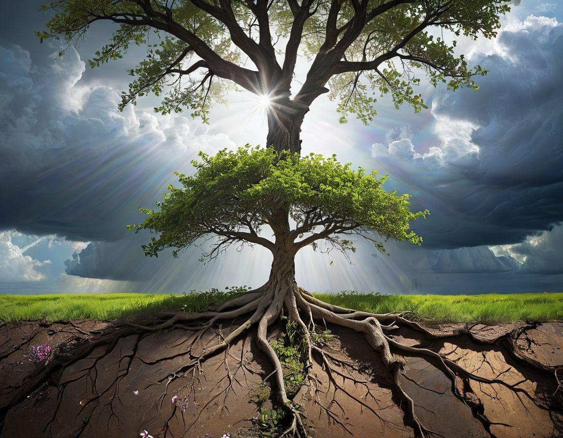 A lush green tree growing from a cracked, barren earth, symbolizing resilience and transformation. The left side of the image features dark, stormy clouds, gradually transitioning to bright sunshine on the right, illuminating the tree’s vibrant leaves. Small flowers in bloom at the base of the tree represent hope and growth. Ethereal light beams cascading down, signifying strength emerging from sorrow. super-realistic. vibrant colors. uplifting atmosphere.